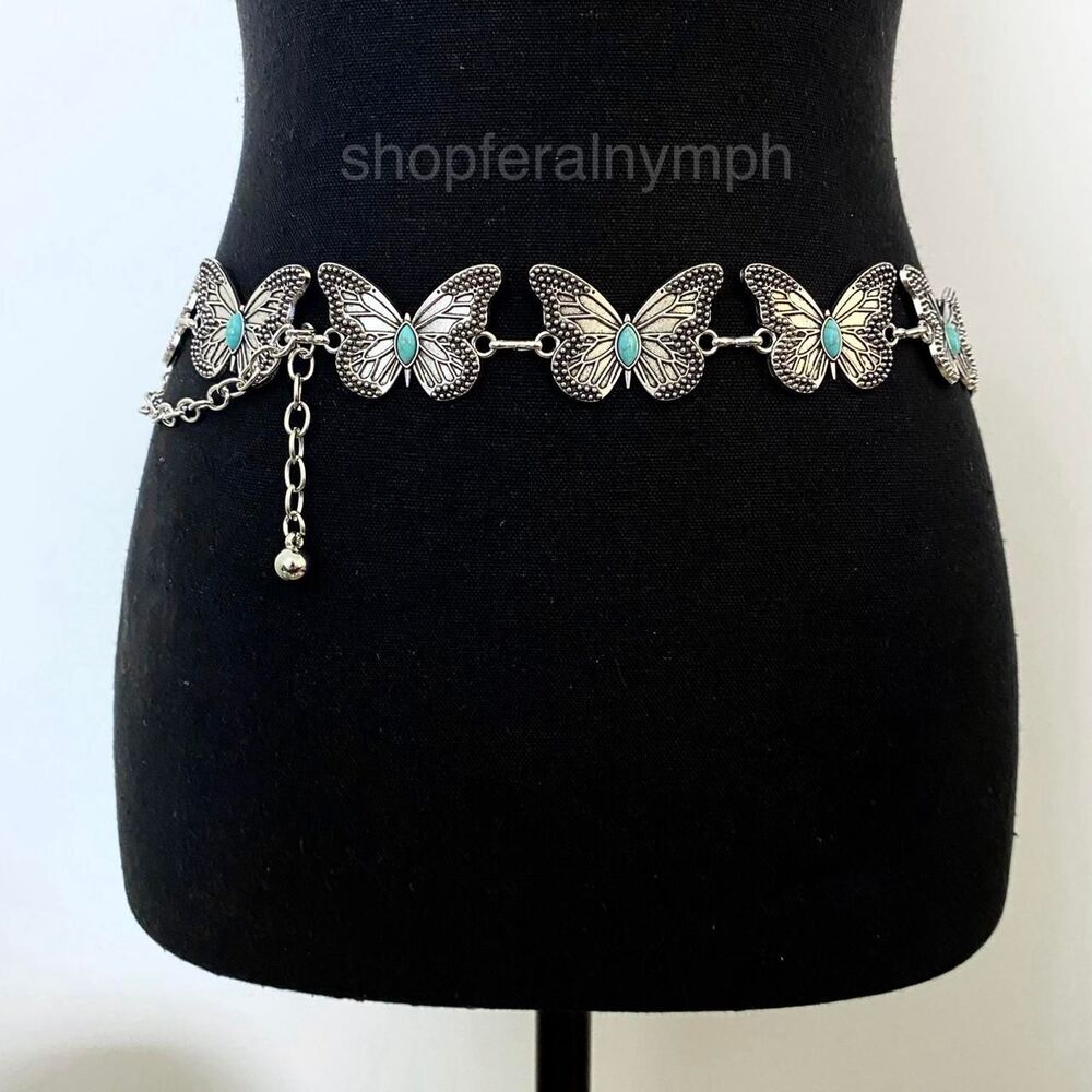 Silver Turquoise Butterfly Whimsygoth Chain Belt, Fits 23-38 Inches, X7GA1253